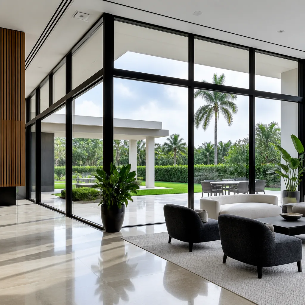 Custom geometric floor-to-ceiling glass windows in modern luxury living space in Boca Raton, FL