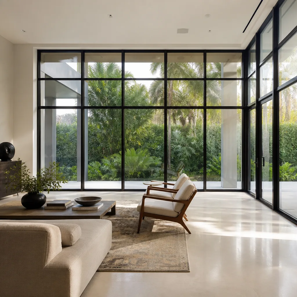 Custom floor-to-ceiling black steel windows in a modern sunlit living room in Boca Raton, FL