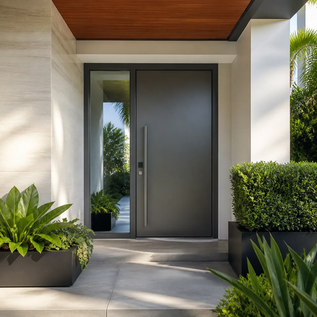 Modern dark gray luxury front door installation in a minimalist home entryway in Boca Raton, FL
