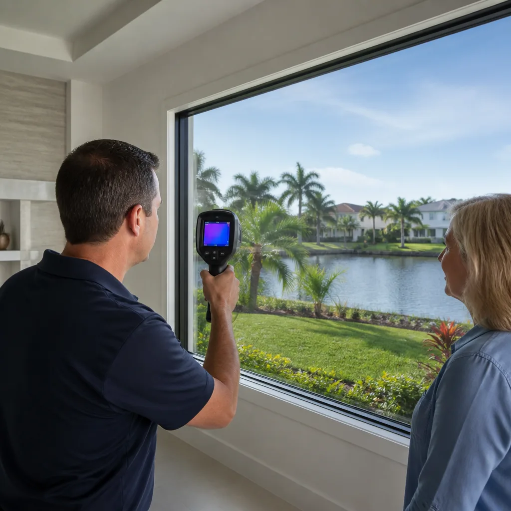 Technician performing an energy efficiency inspection on home windows in Boca Raton, FL