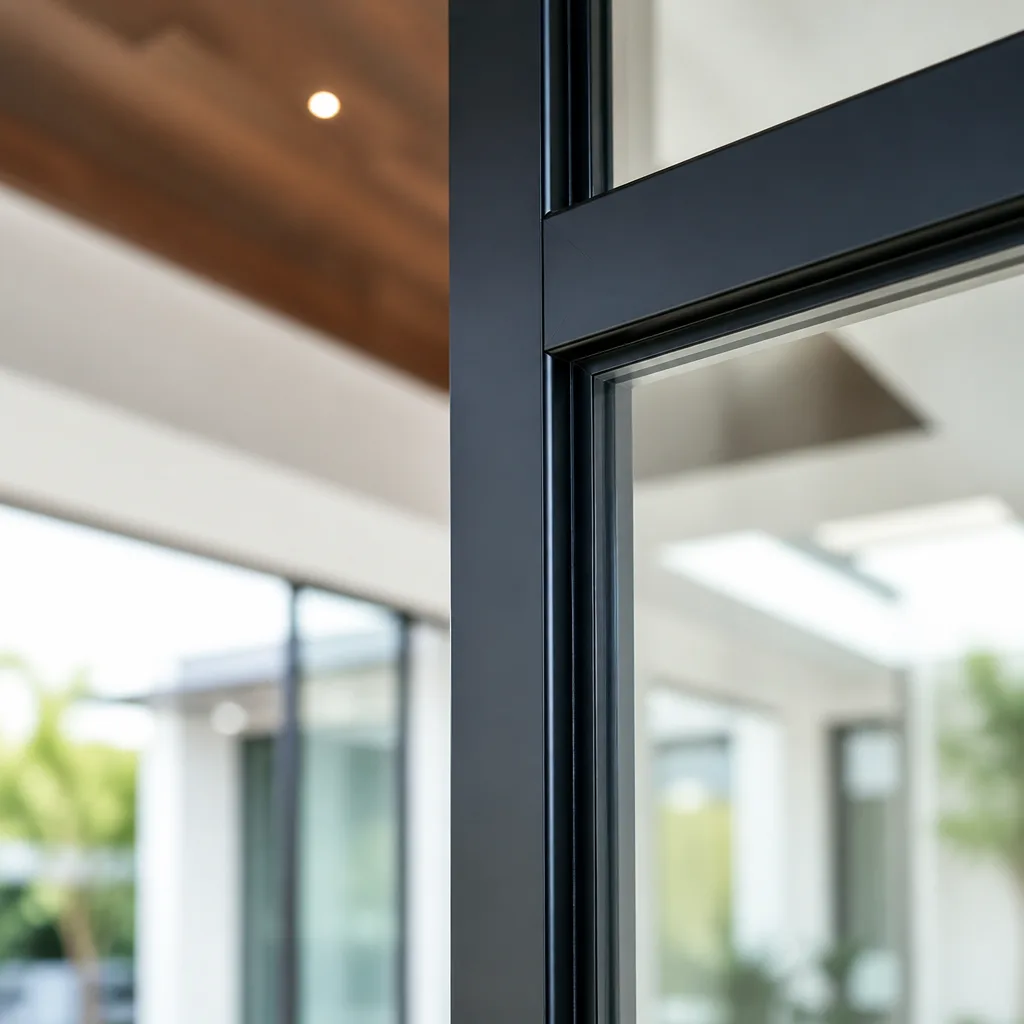 Modern black metal impact window frame in a luxury residential interior