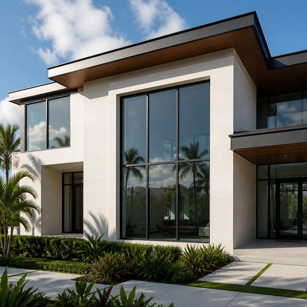Modern luxury home exterior with large black-framed windows and architectural glass in Boca Raton, FL