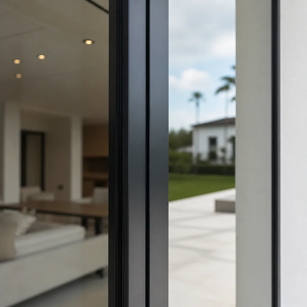 Modern black-framed sliding patio door leading to a landscaped garden view in Boca Raton, FL