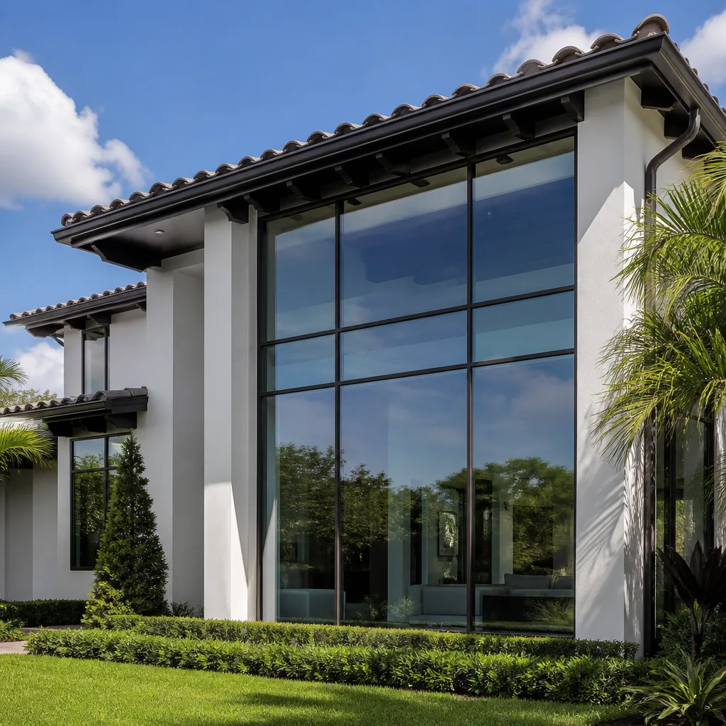Modern home exterior with expansive floor-to-ceiling glass windows and tiled roof in Boca Raton, FL