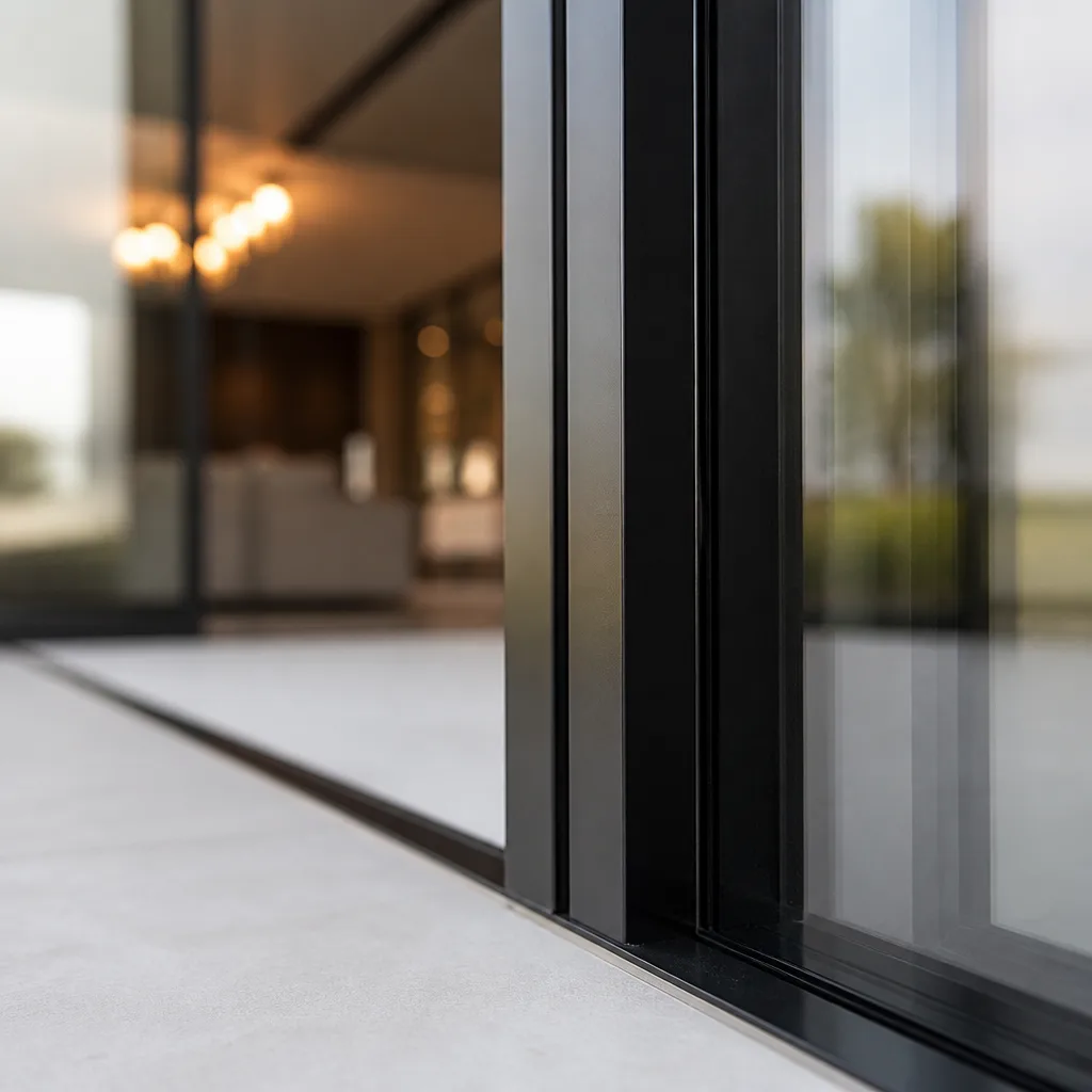 Modern black sliding glass patio door frame with minimalist architectural design in Boca Raton, FL