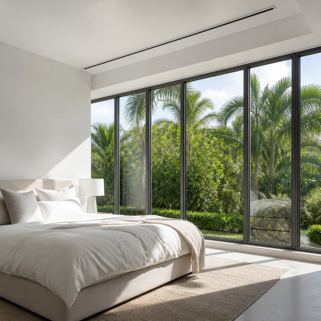 Modern bedroom featuring floor-to-ceiling panoramic glass windows with palm tree views in Boca Raton, FL